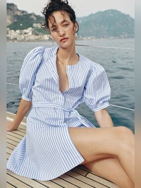 Zara Light Blue and White Vertical Stripe Puff-Sleeve Mini Dress